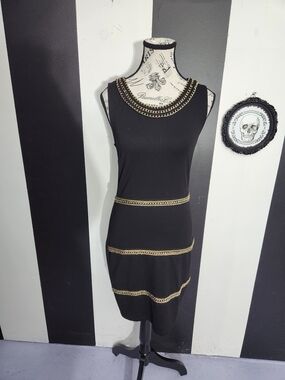 Black Mini Dress with Gold Chain Trim